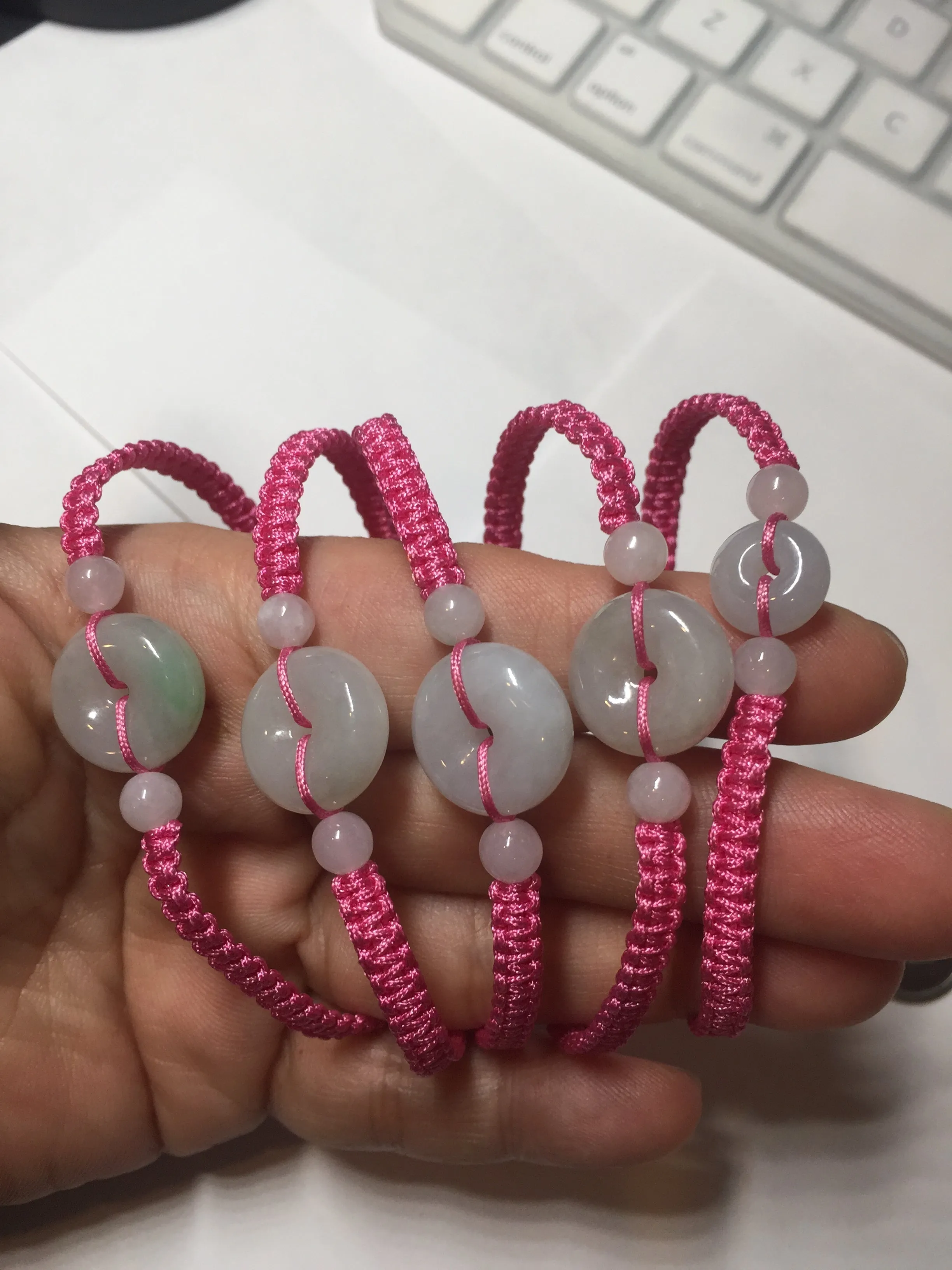 100% natural type A green white Safety Guardian Button donut jadeite jade thread woven bracelets BQ40