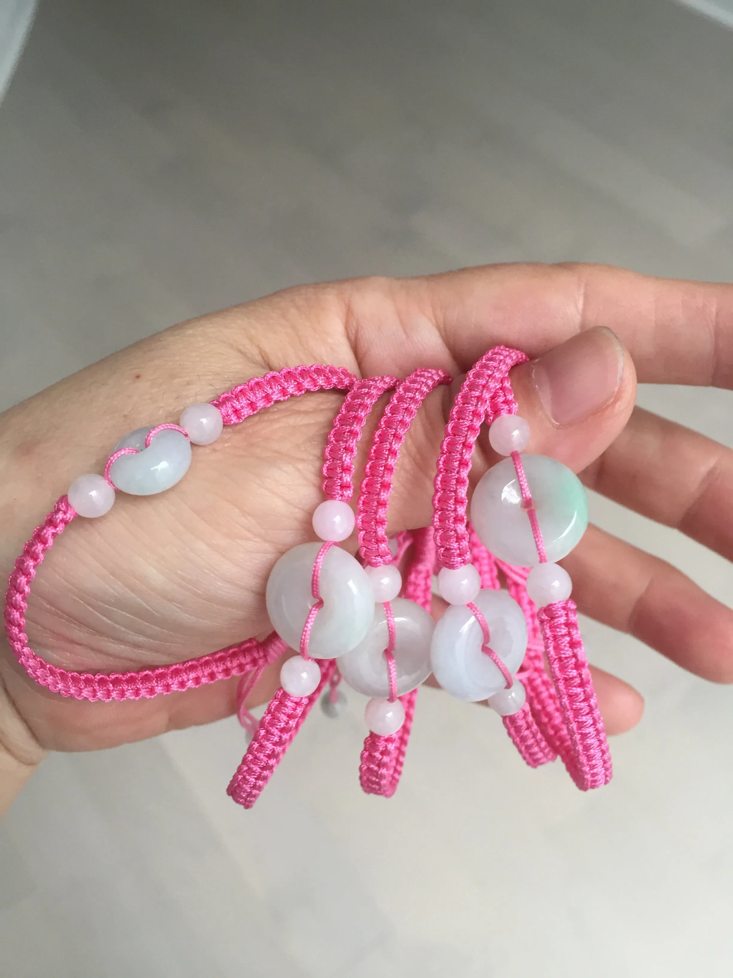 100% natural type A green white Safety Guardian Button donut jadeite jade thread woven bracelets BQ40