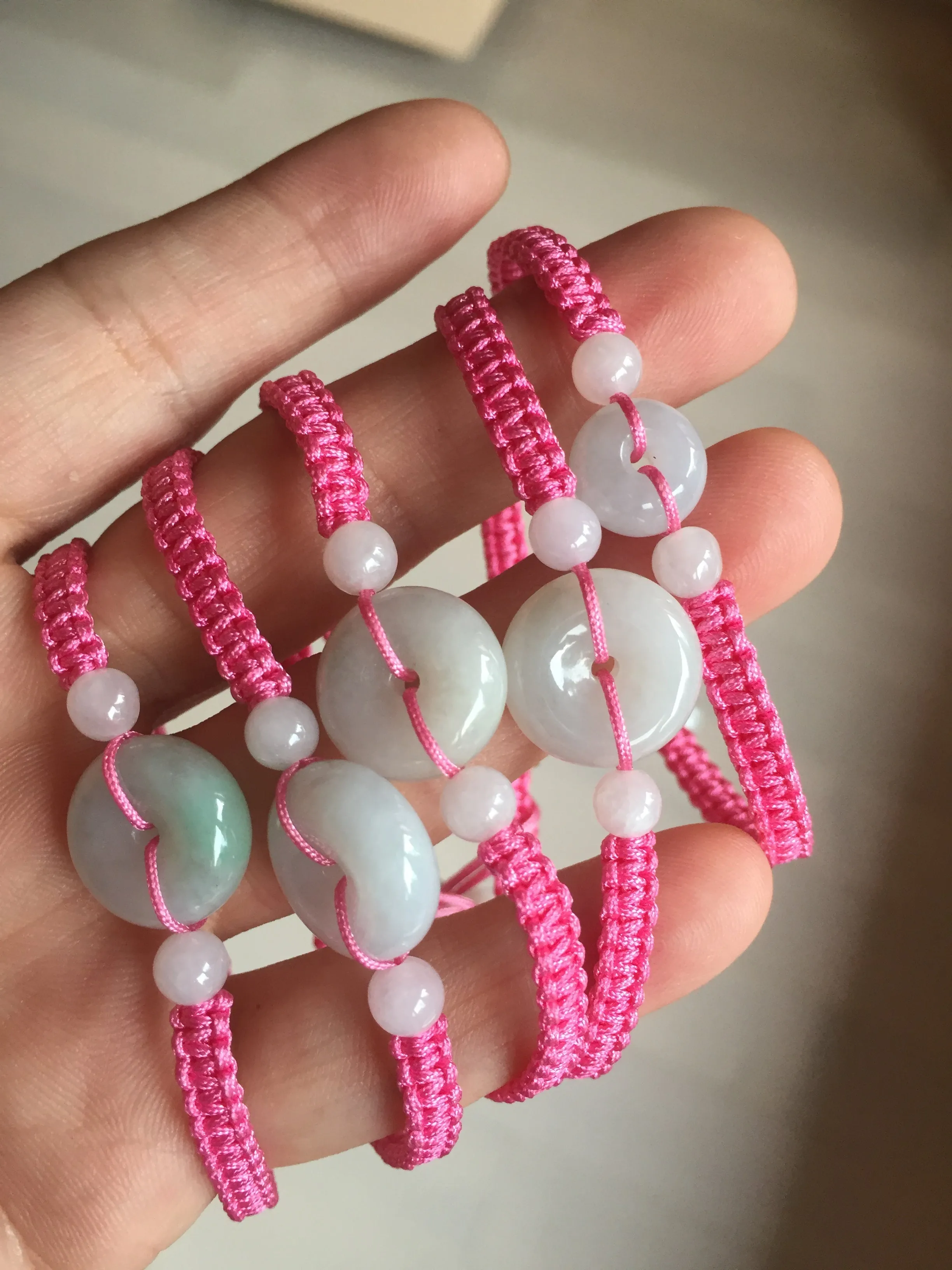 100% natural type A green white Safety Guardian Button donut jadeite jade thread woven bracelets BQ40