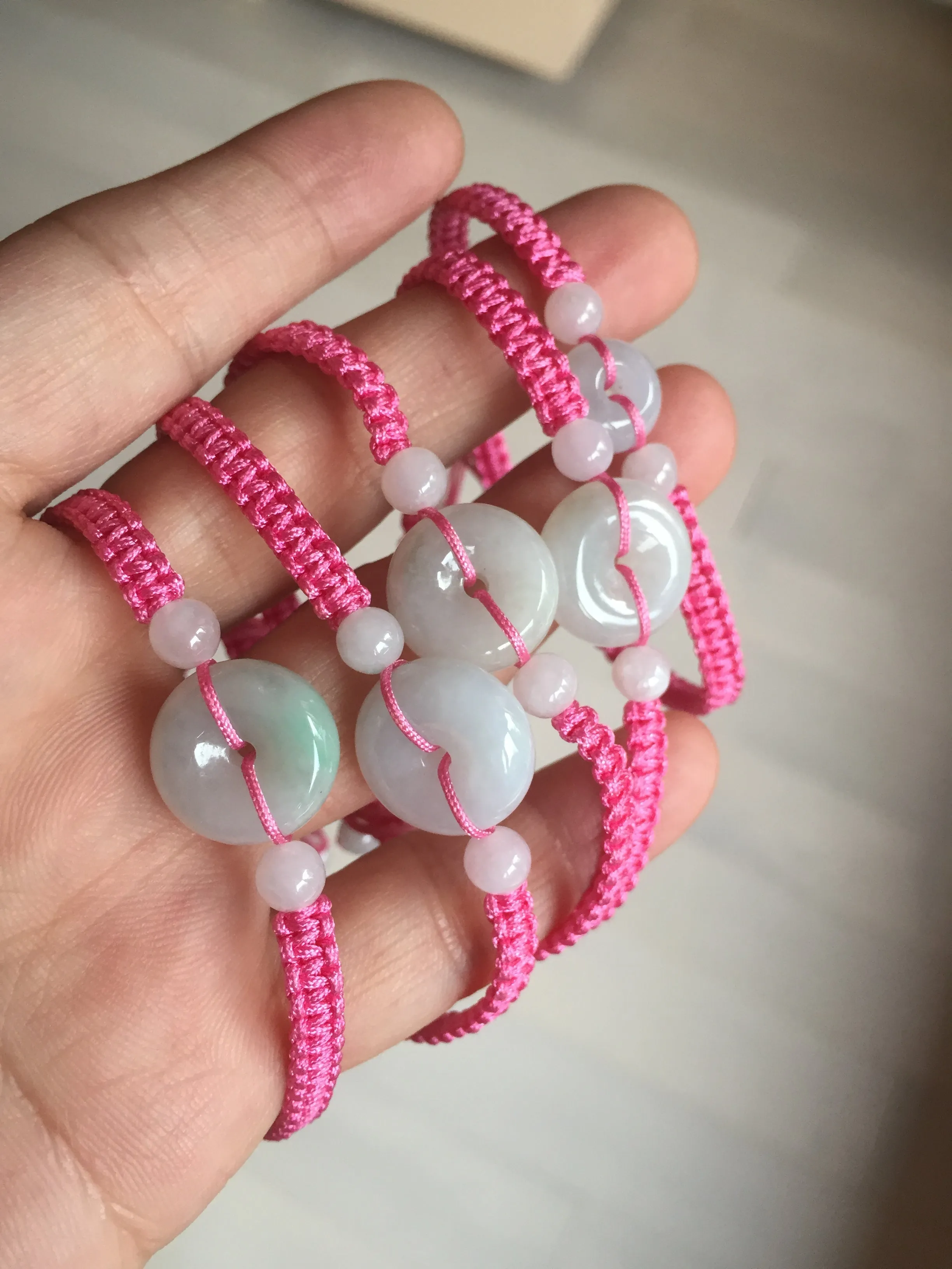 100% natural type A green white Safety Guardian Button donut jadeite jade thread woven bracelets BQ40