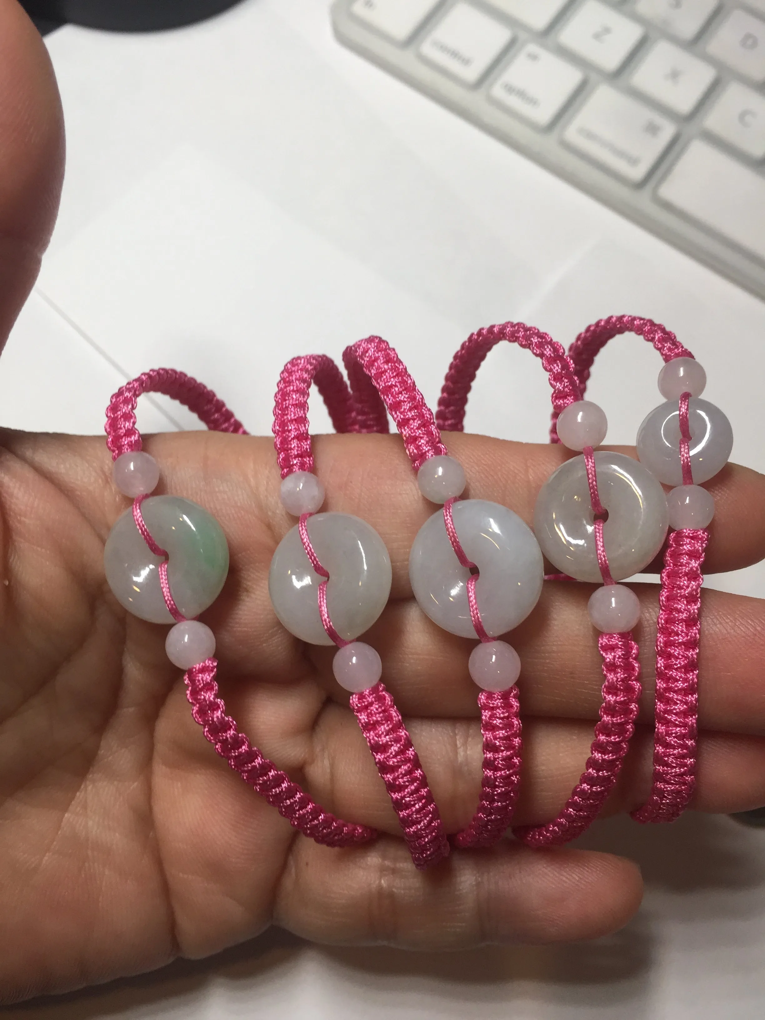 100% natural type A green white Safety Guardian Button donut jadeite jade thread woven bracelets BQ40