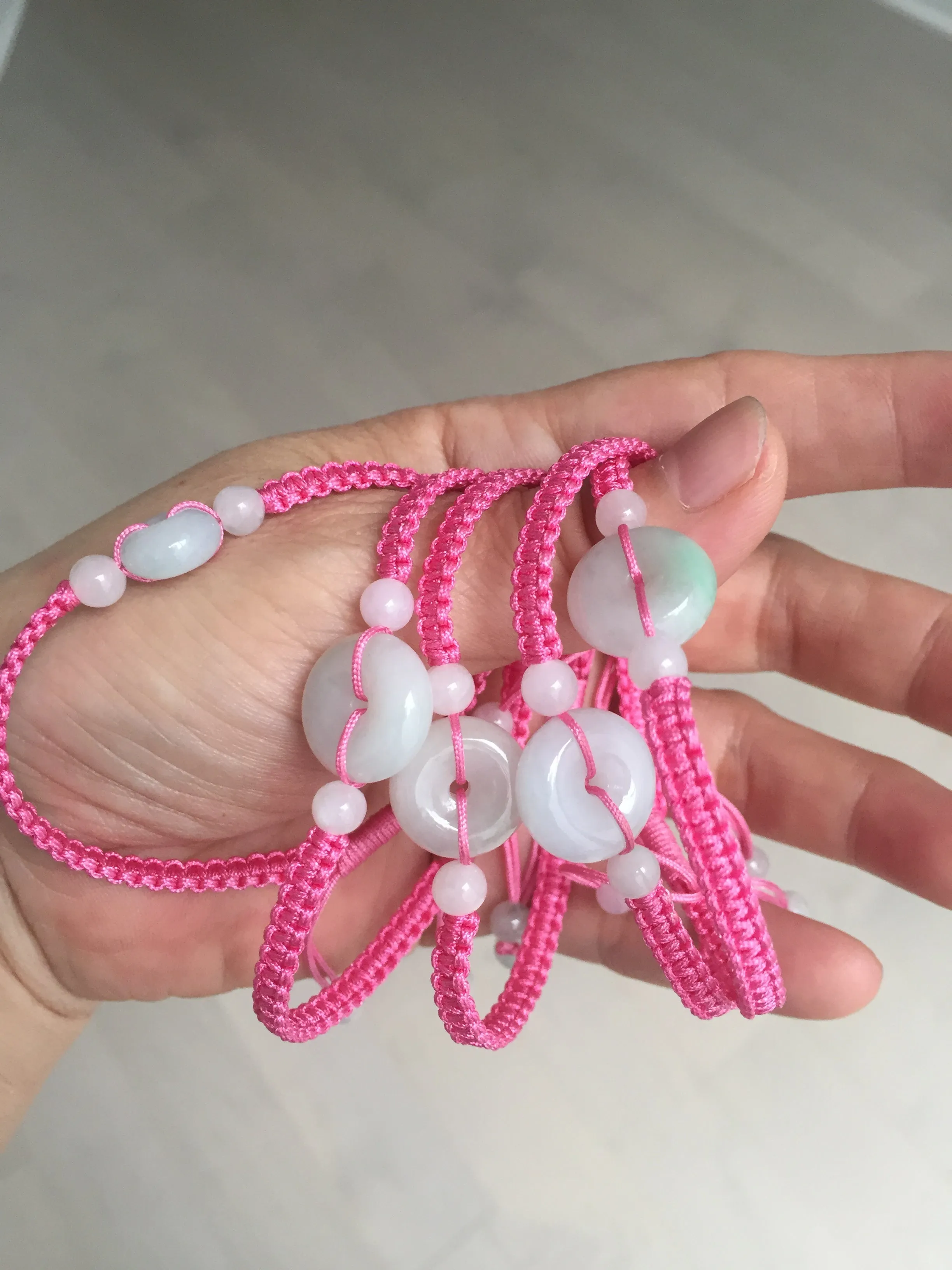 100% natural type A green white Safety Guardian Button donut jadeite jade thread woven bracelets BQ40