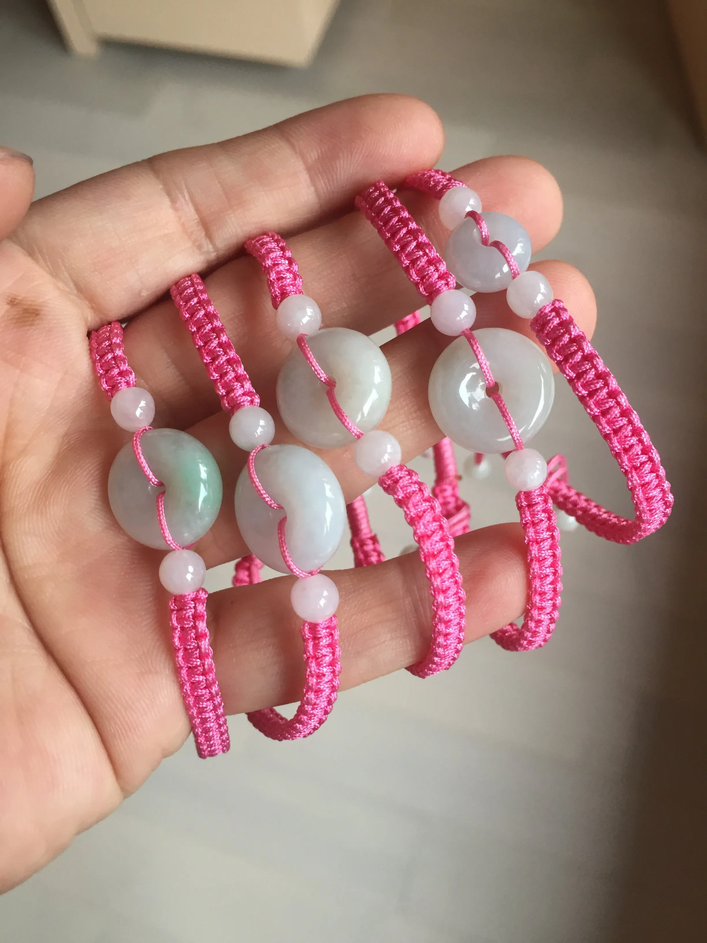100% natural type A green white Safety Guardian Button donut jadeite jade thread woven bracelets BQ40