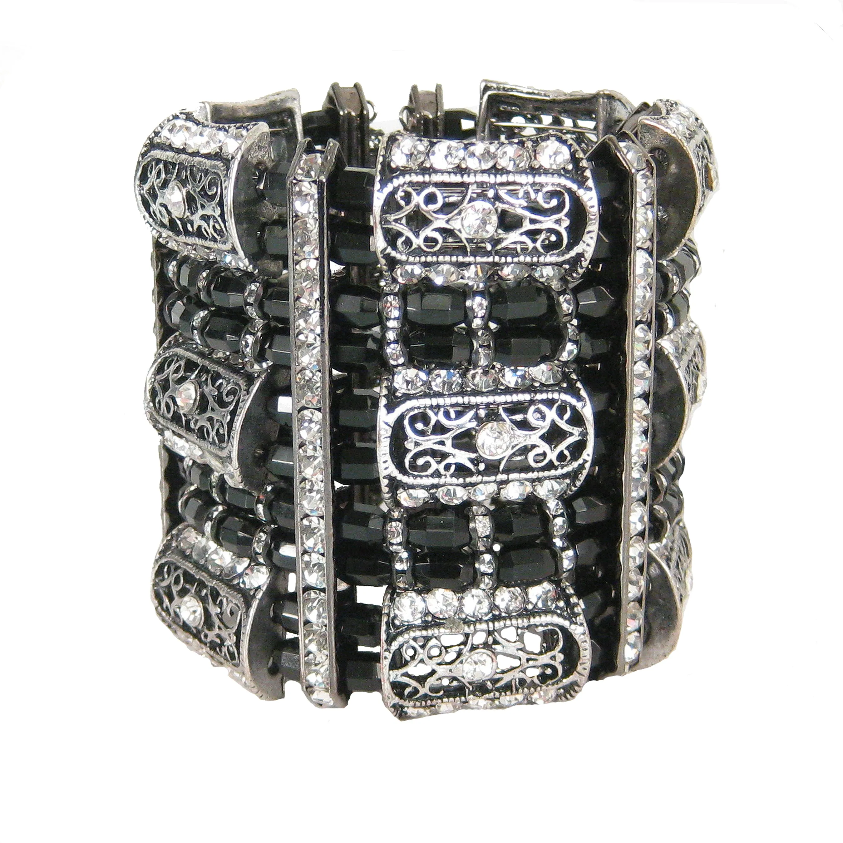 #1046b Jet Bead, Vintage Silver Tone & Rhinestone Station Cuff Bracelet