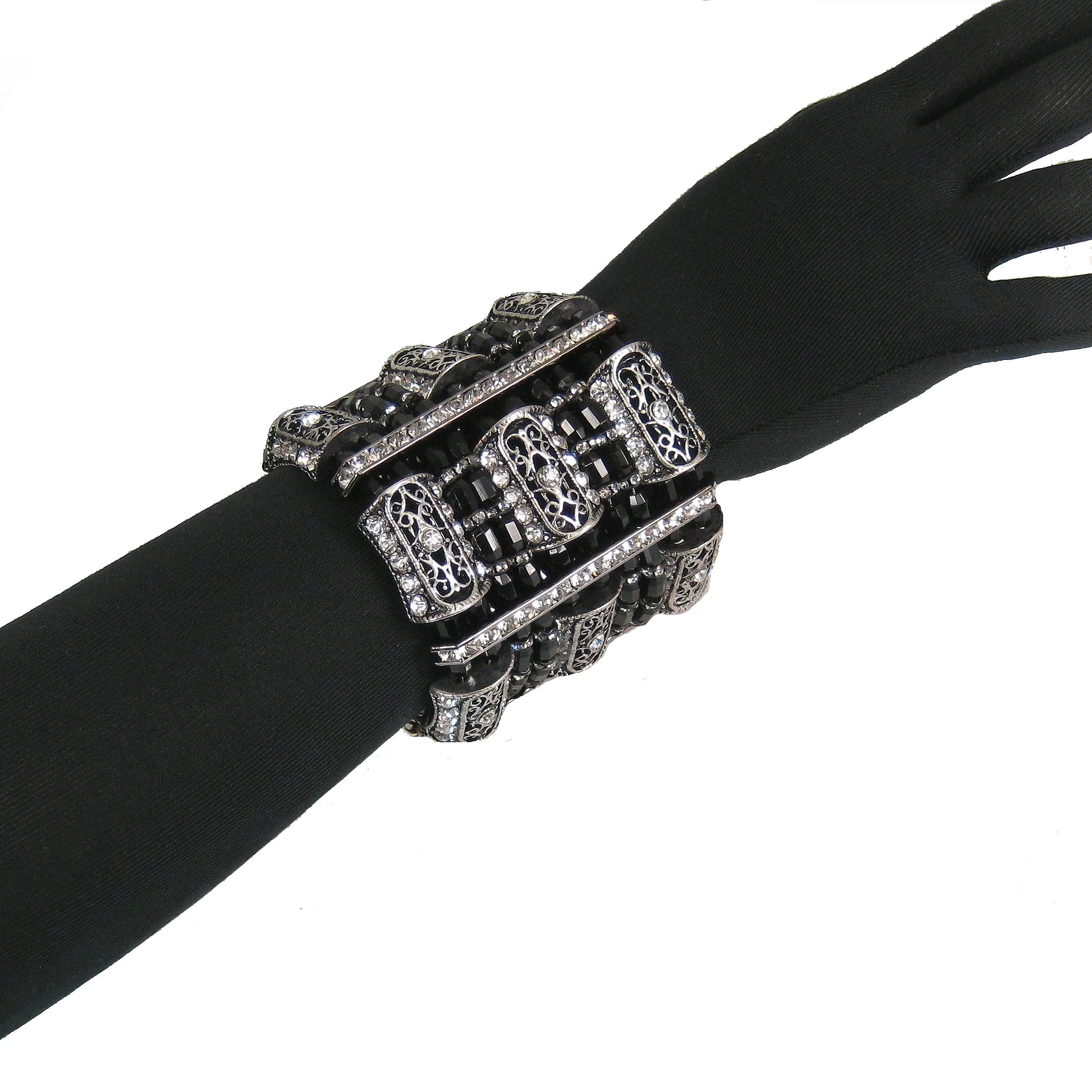 #1046b Jet Bead, Vintage Silver Tone & Rhinestone Station Cuff Bracelet