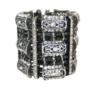 #1046b Jet Bead, Vintage Silver Tone & Rhinestone Station Cuff Bracelet
