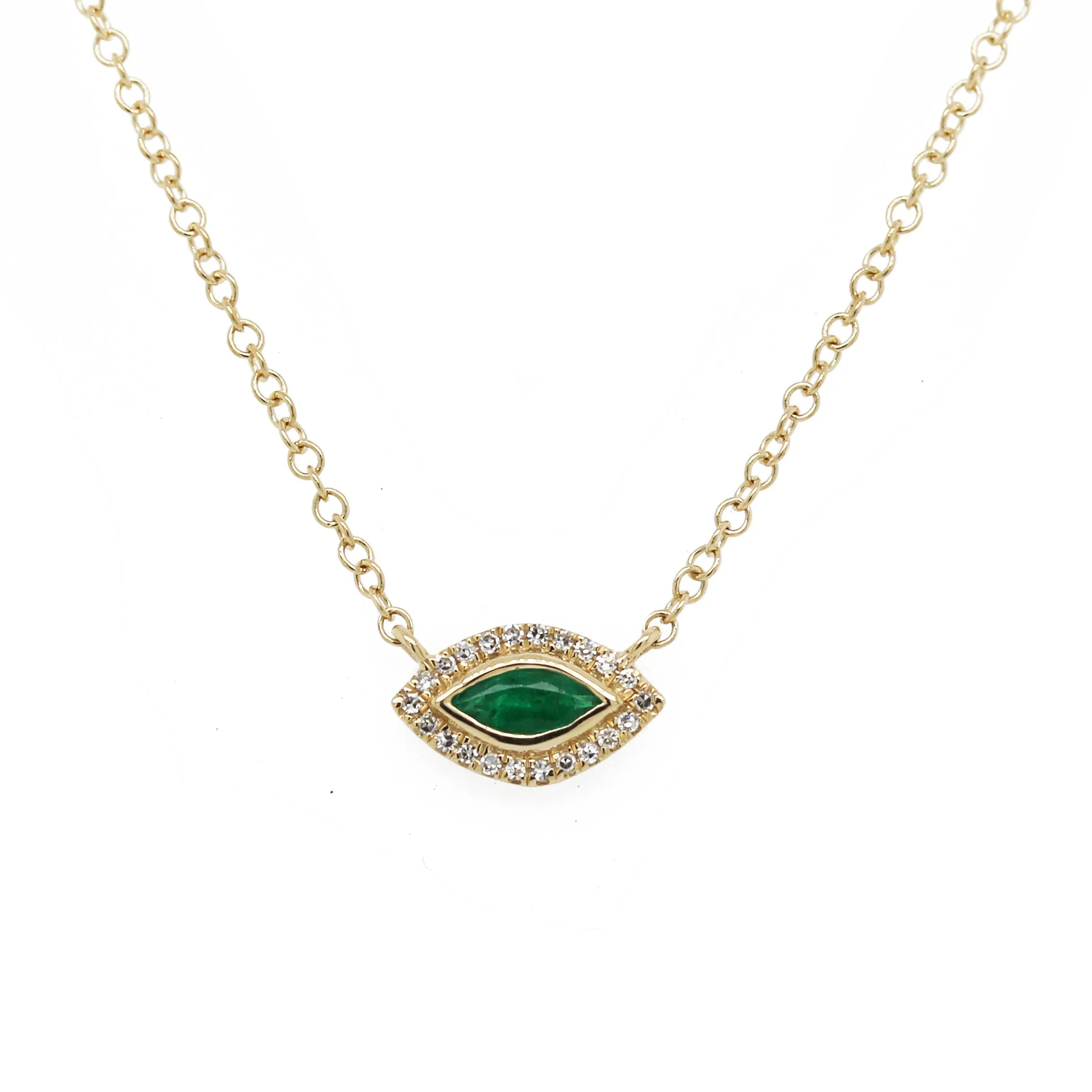 14K BEZEL SET MARQUISE EMERALD WITH DIAMOND HALO NECKLACE