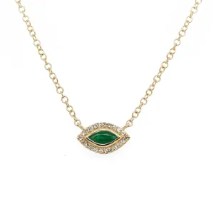 14K BEZEL SET MARQUISE EMERALD WITH DIAMOND HALO NECKLACE