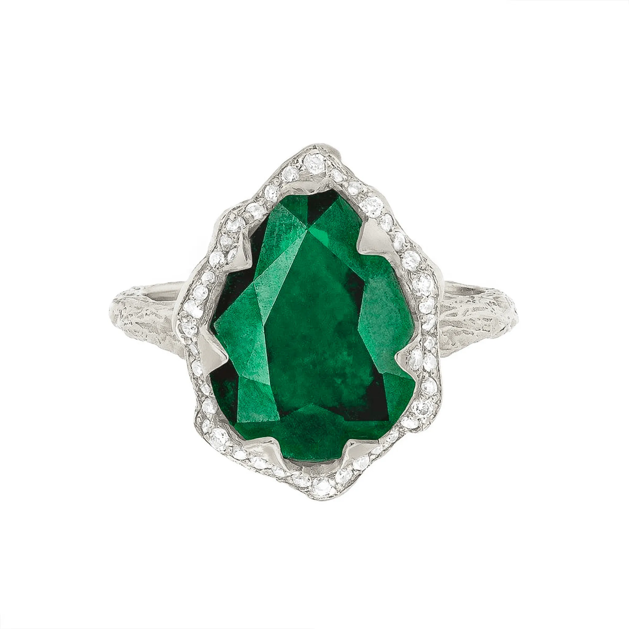 18K Queen Water Drop Zambian Emerald Ring with Full Pavé Diamond Halo