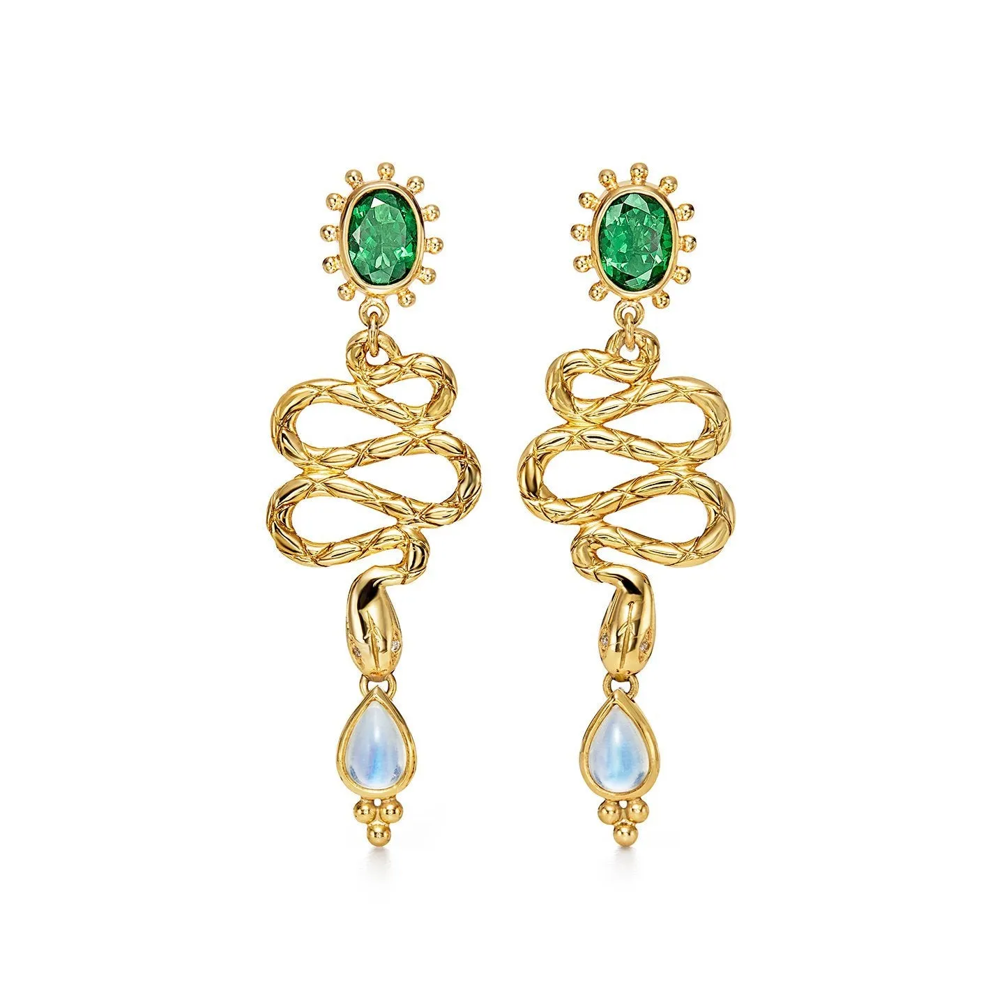 18K Serpent Drop Earrings with royal blue moonstone, tsavorite and diamond