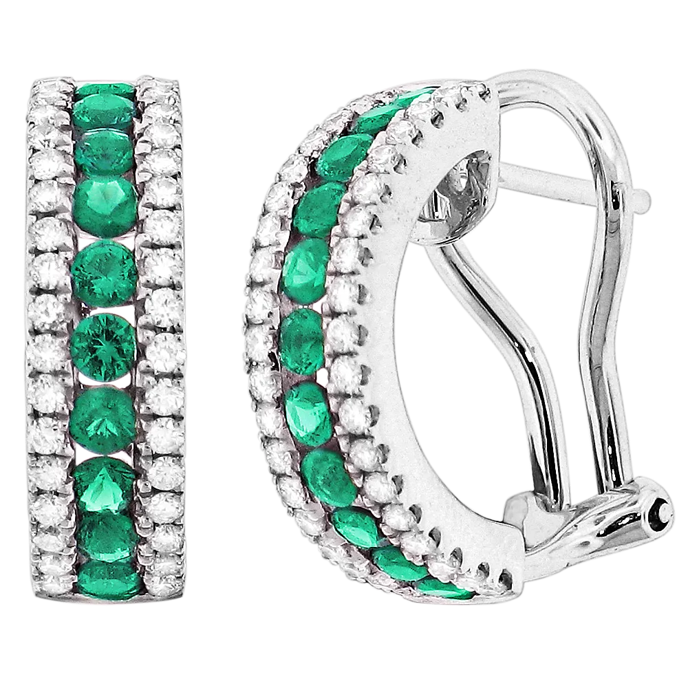 18K White Emerald and Natural Diamond Hoop Earrings