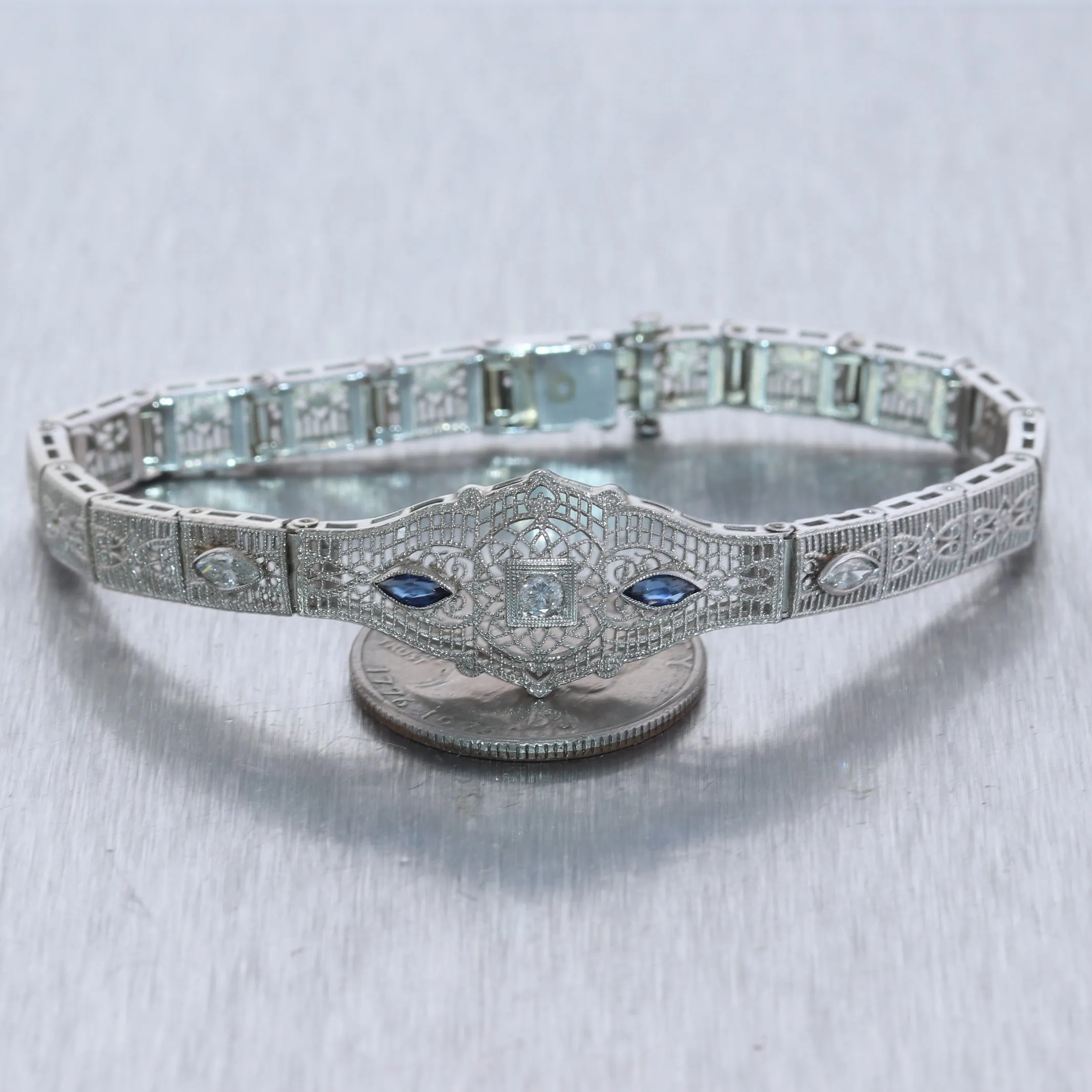 1930's Antique Art Deco 14k White Gold 0.50ctw Diamond Filigree Brace