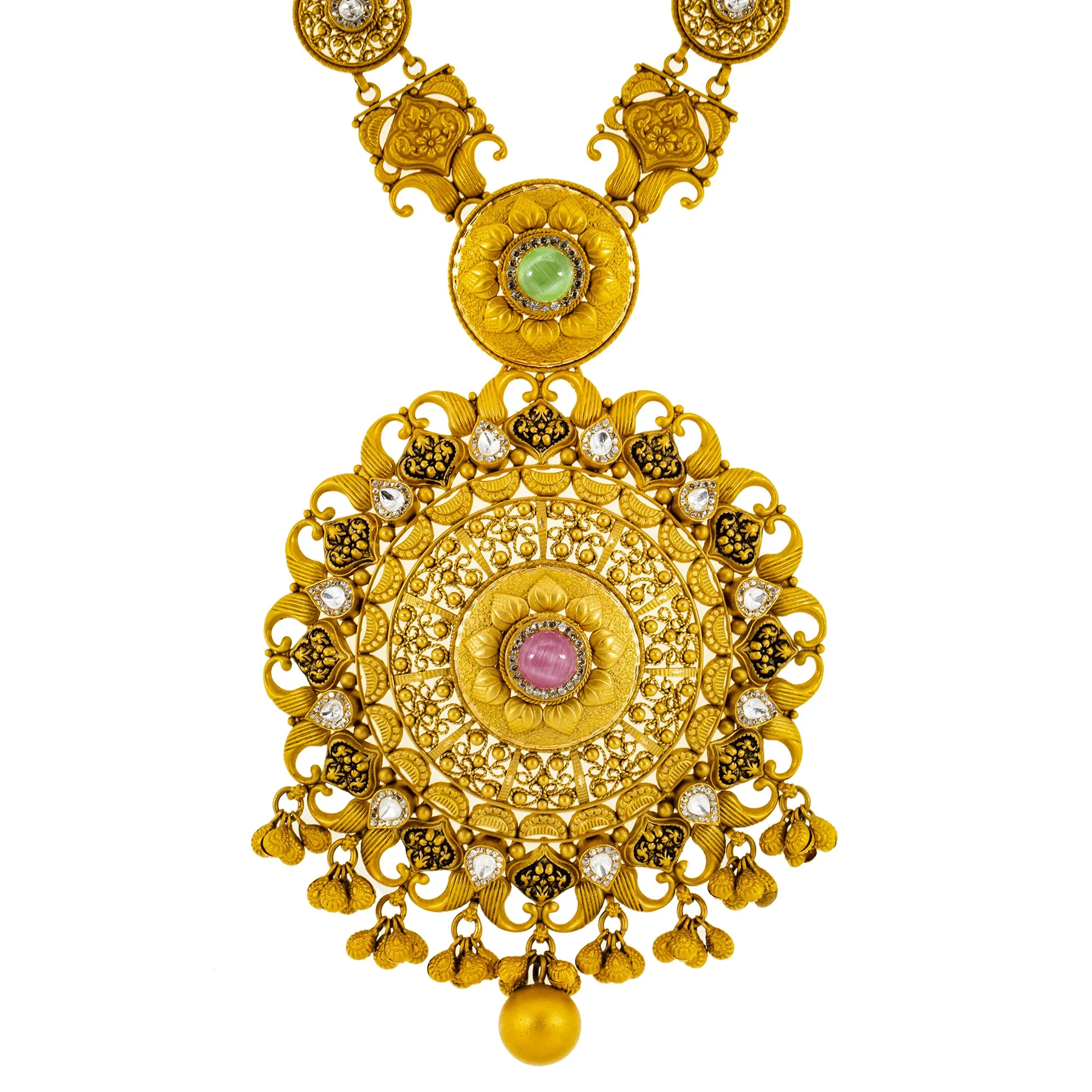 22K Yellow Gold, Emerald, Kundan & Ruby Necklace & Earrings Set (83.3 grams)