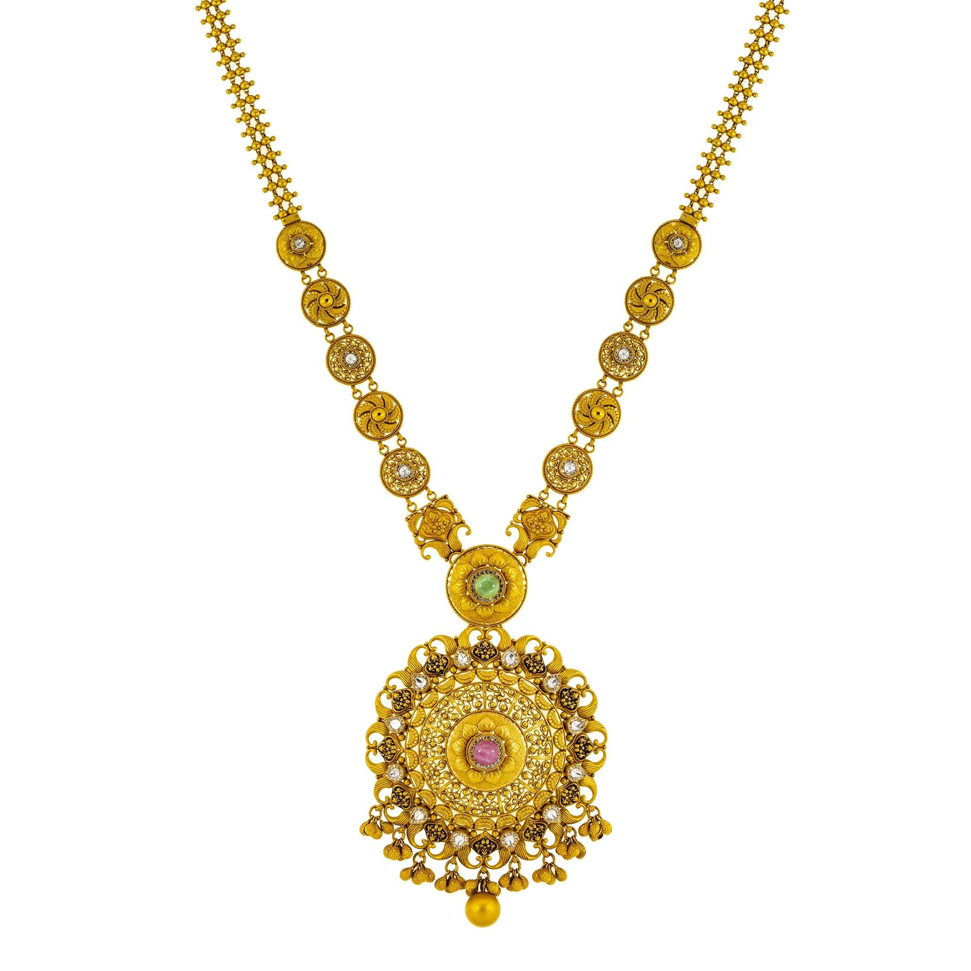 22K Yellow Gold, Emerald, Kundan & Ruby Necklace & Earrings Set (83.3 grams)