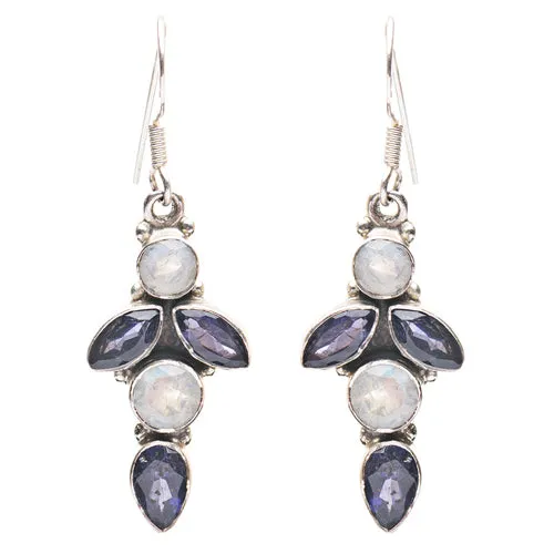 925 Sterling Silver Gemstones Natural Amethyst Moonstone Dangle Earring FJSE2146