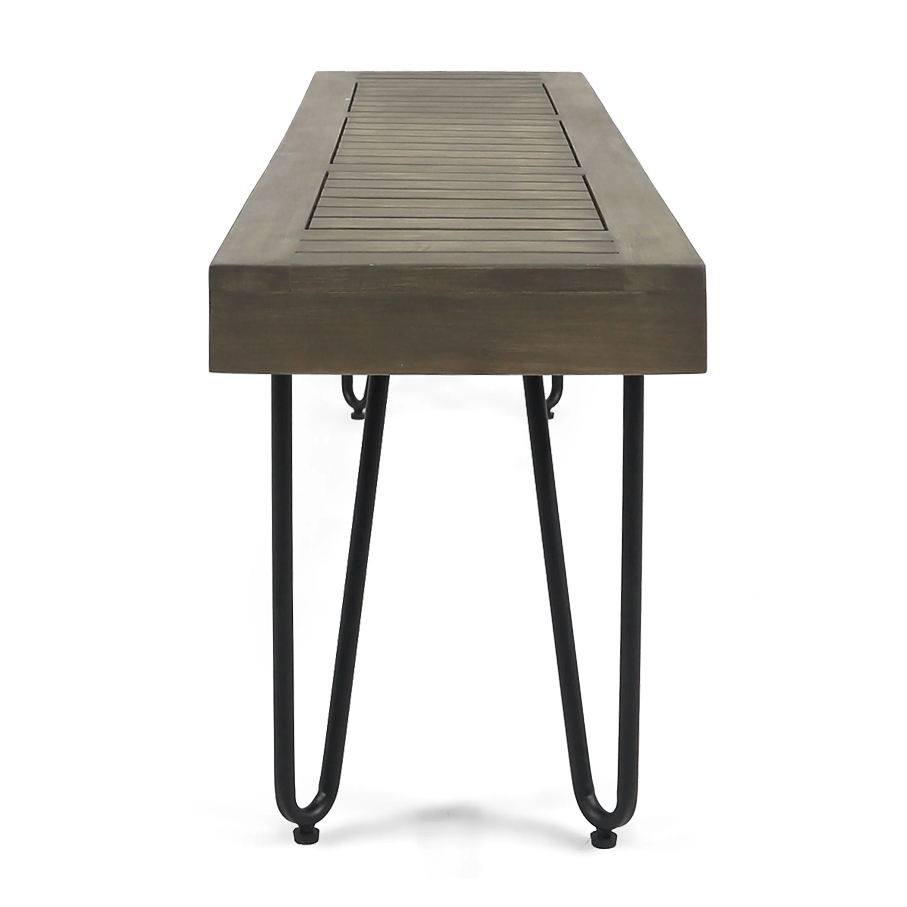Abbet Outdoor Farmhouse Slat-Top Acacia Wood Bench w/ Metal Hairpin Legs