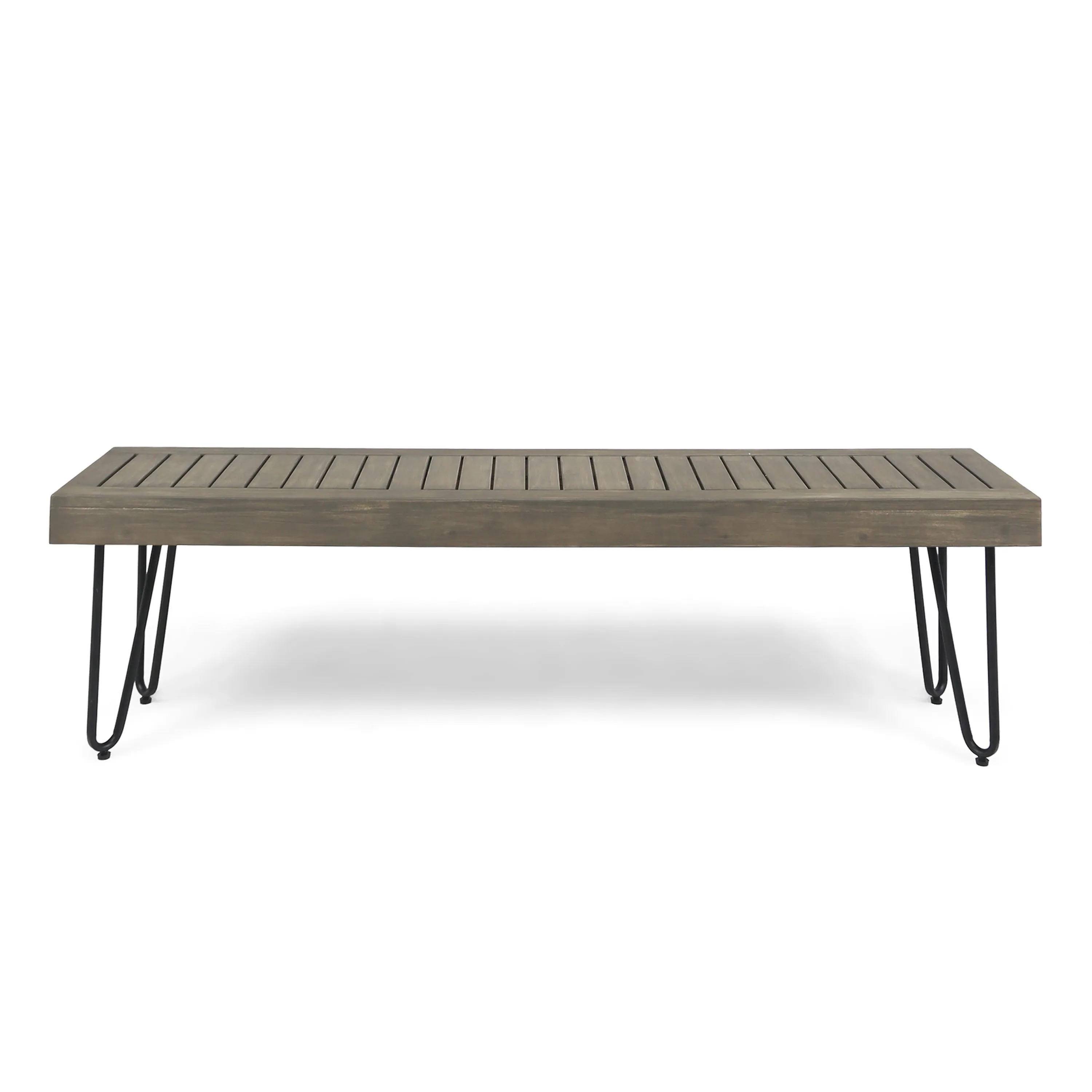Abbet Outdoor Farmhouse Slat-Top Acacia Wood Bench w/ Metal Hairpin Legs