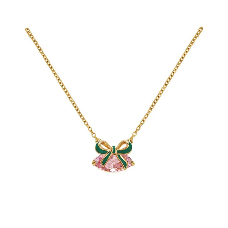 Amelia Bow Necklace Emerald Green Enamel, Blush Pink CZ and Gold