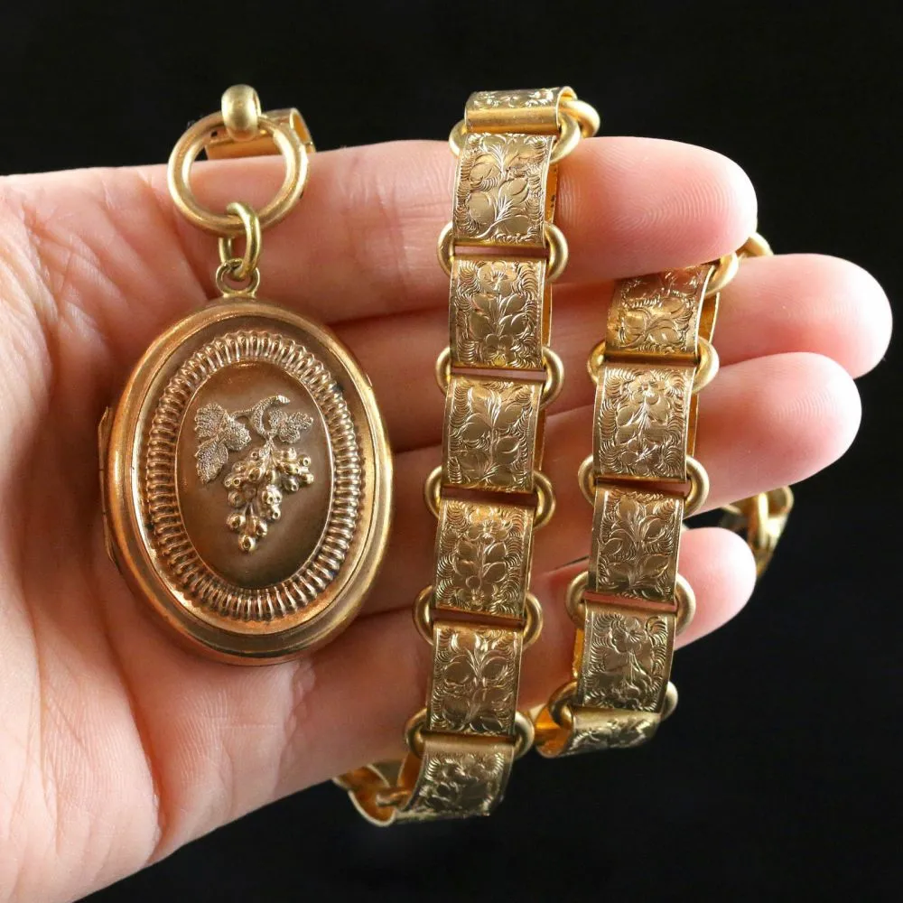 Antique Locket & Collar - Gold On Silver Circa 1880 - Grapes