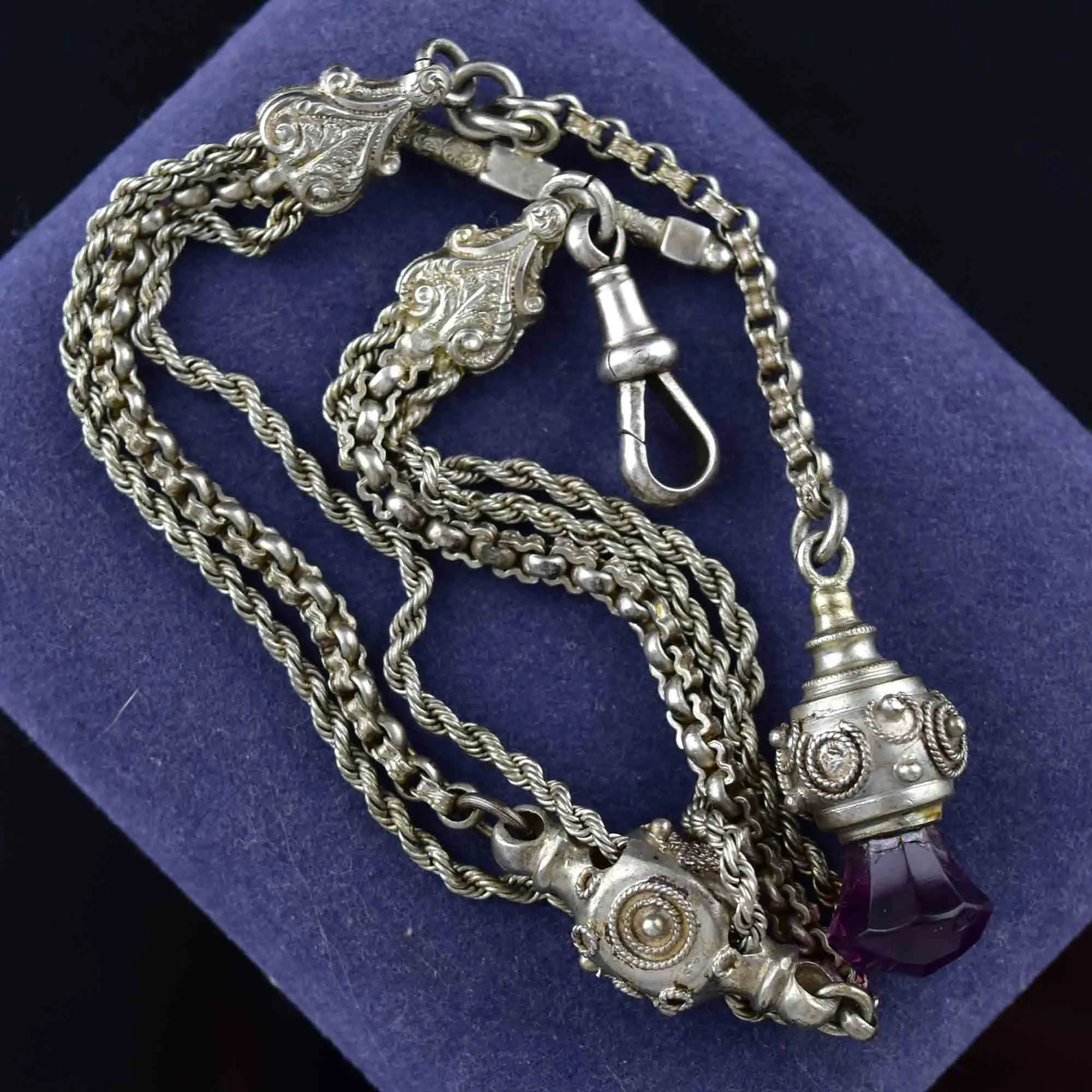 Antique Victorian Amethyst Thistle Fob Silver Albertina Bracelet