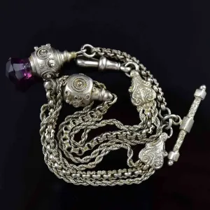 Antique Victorian Amethyst Thistle Fob Silver Albertina Bracelet