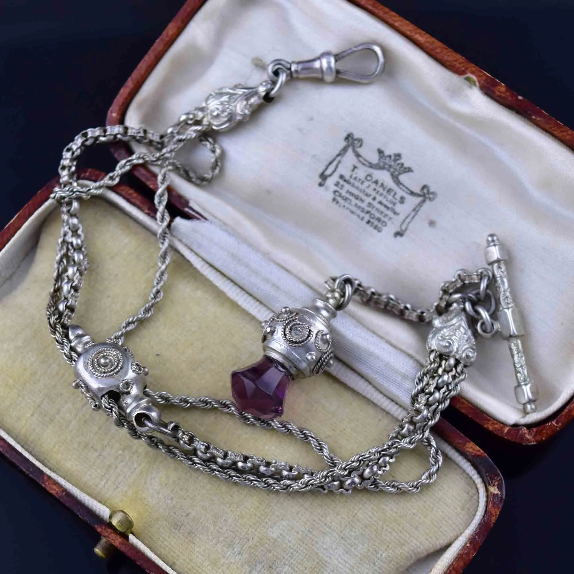 Antique Victorian Amethyst Thistle Fob Silver Albertina Bracelet