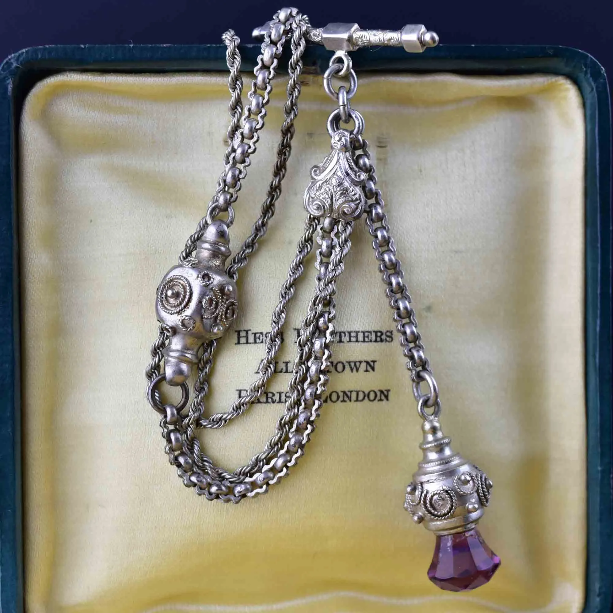Antique Victorian Amethyst Thistle Fob Silver Albertina Bracelet