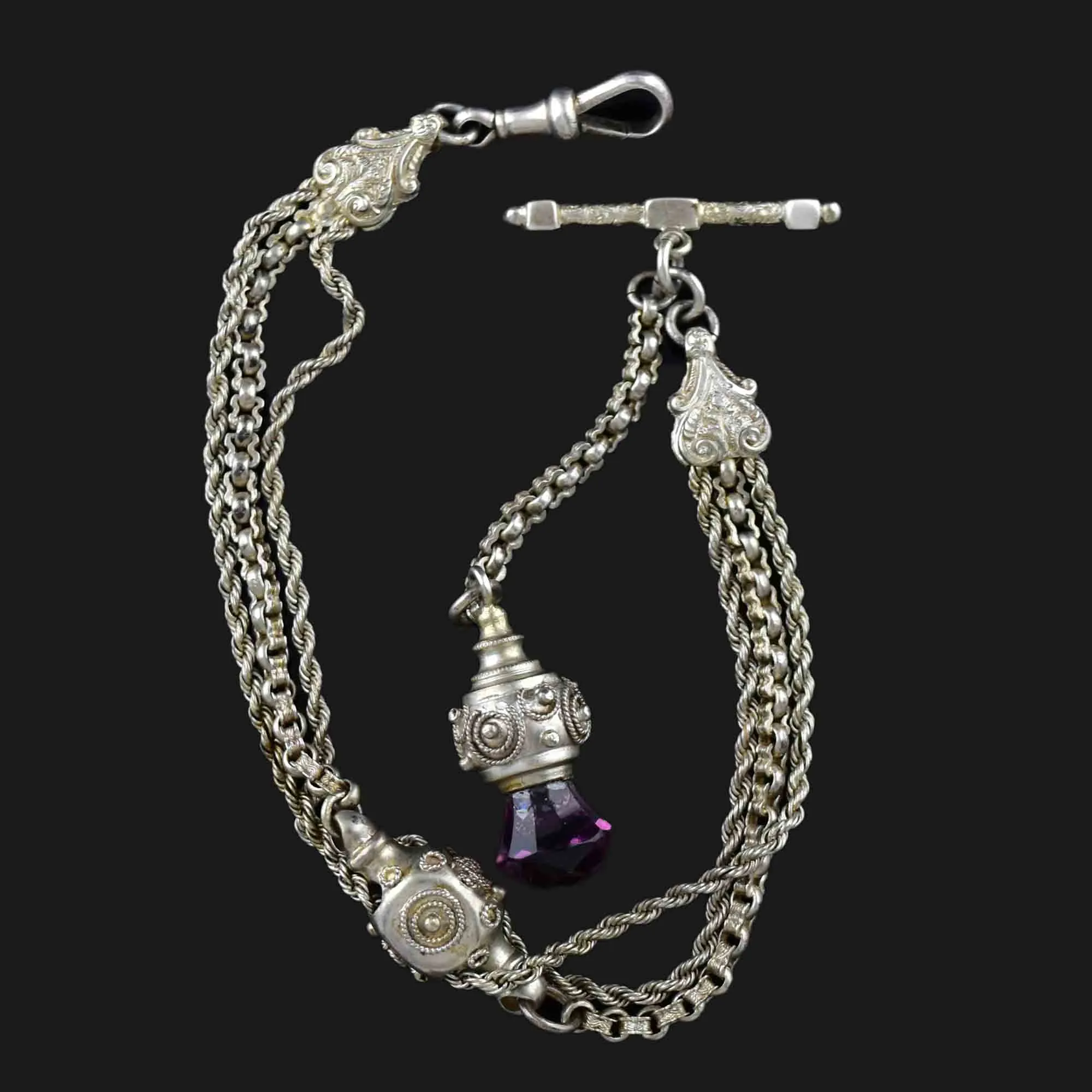 Antique Victorian Amethyst Thistle Fob Silver Albertina Bracelet