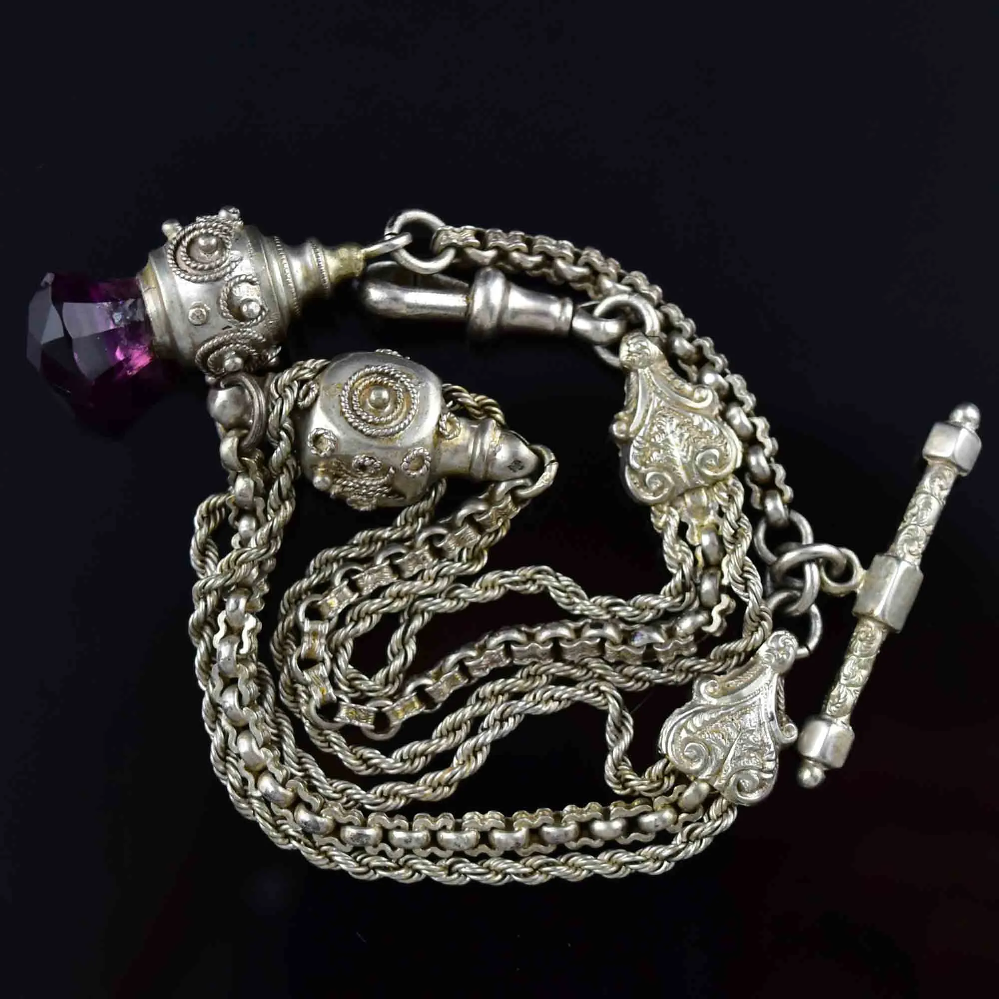 Antique Victorian Amethyst Thistle Fob Silver Albertina Bracelet