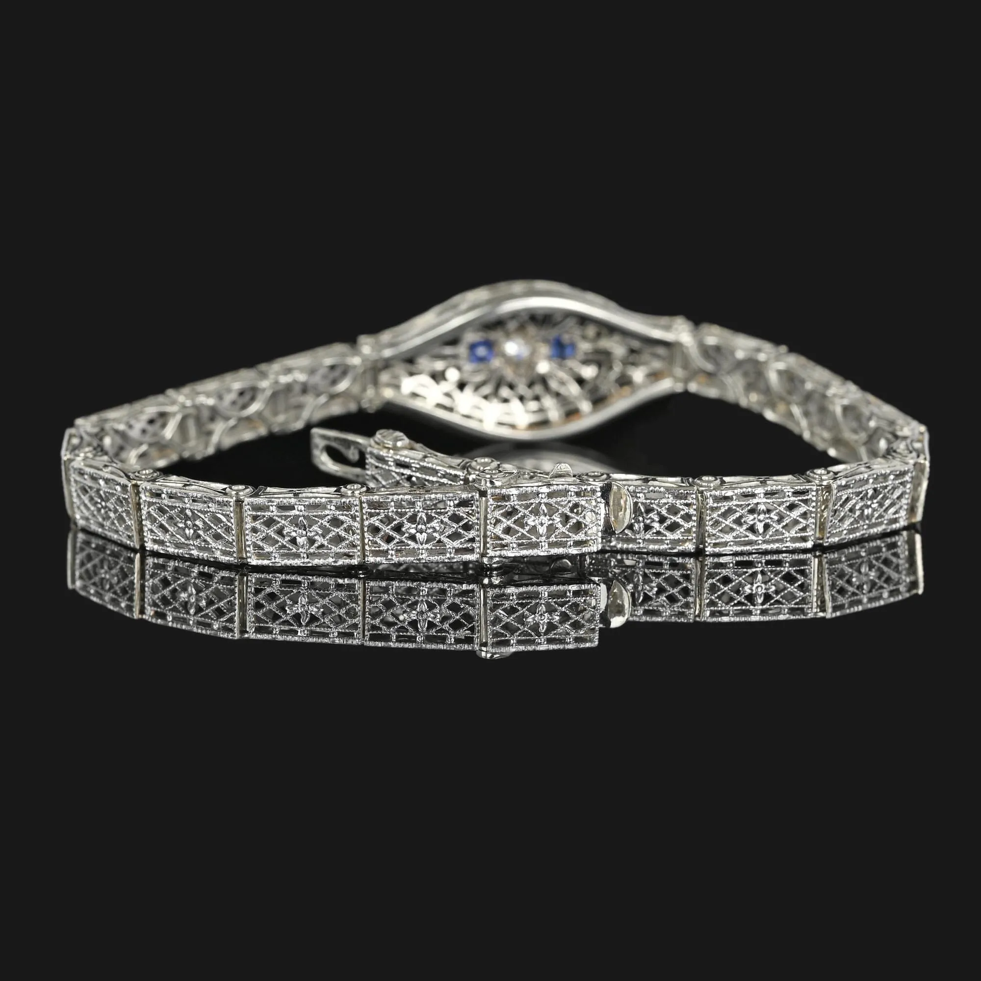 Art Deco 14K White Gold Filigree Sapphire Diamond Bracelet