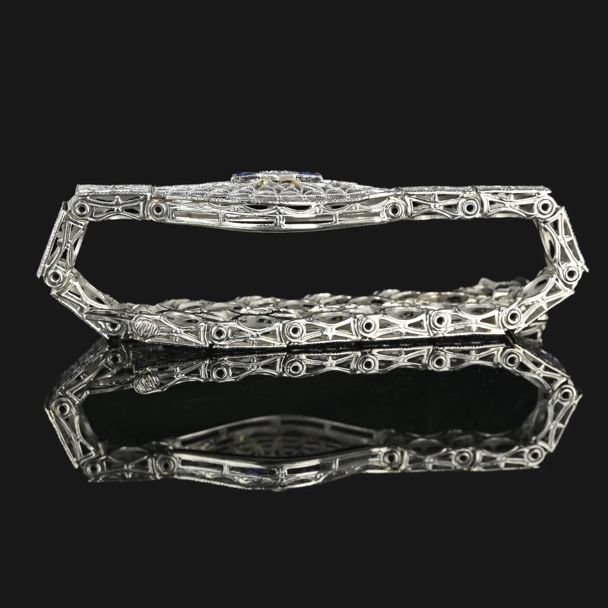 Art Deco 14K White Gold Filigree Sapphire Diamond Bracelet