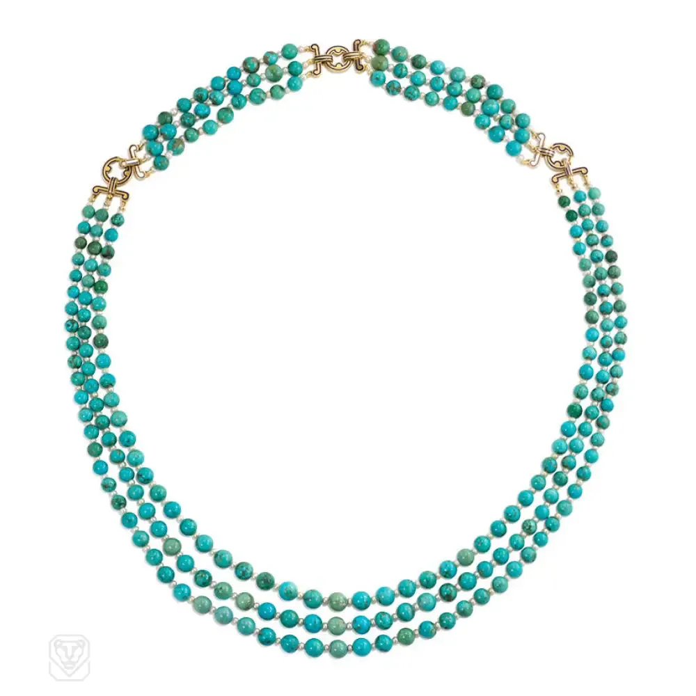Art Deco turquoise and pearl necklace and bracelet suite, Cartier