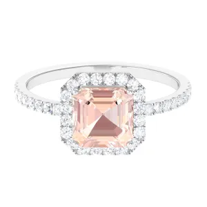Asscher Cut Morganite Halo Engagement Ring with Diamond