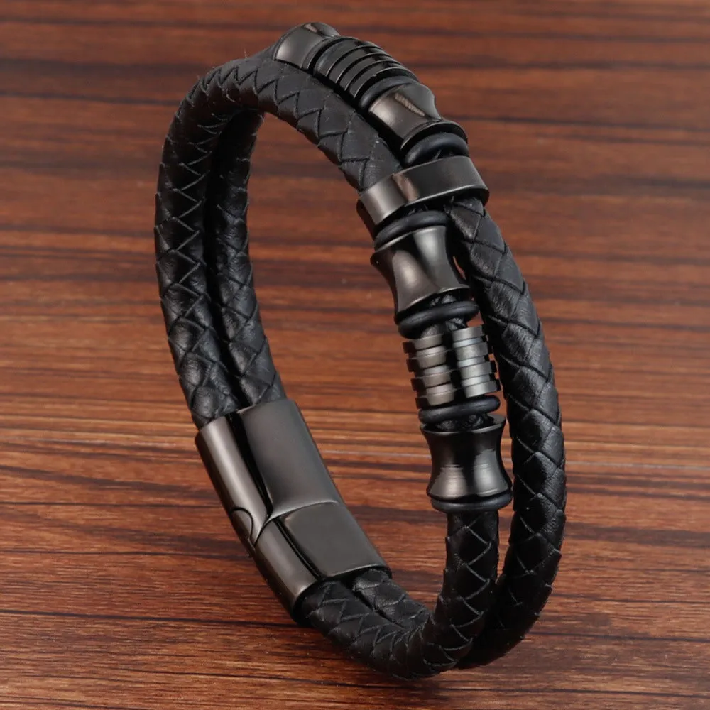 Black Leather Rope Cowhide Men's Double Layer Stainless Steel