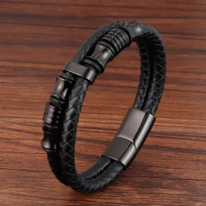 Black Leather Rope Cowhide Men's Double Layer Stainless Steel