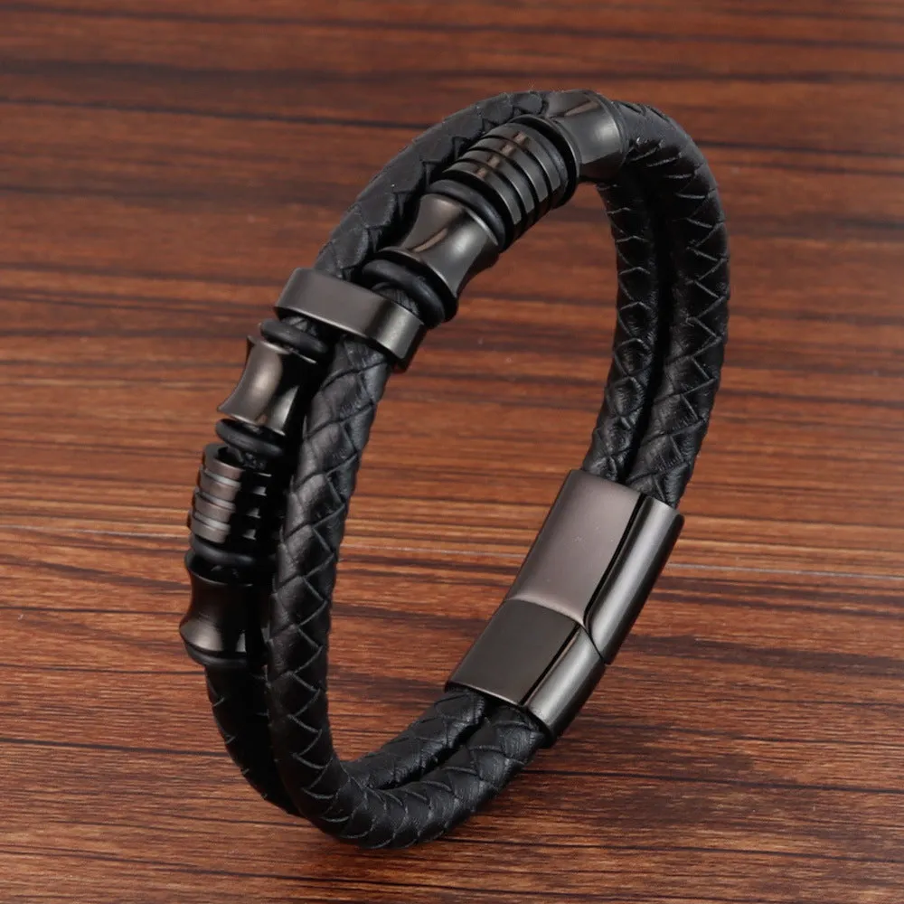Black Leather Rope Cowhide Men's Double Layer Stainless Steel