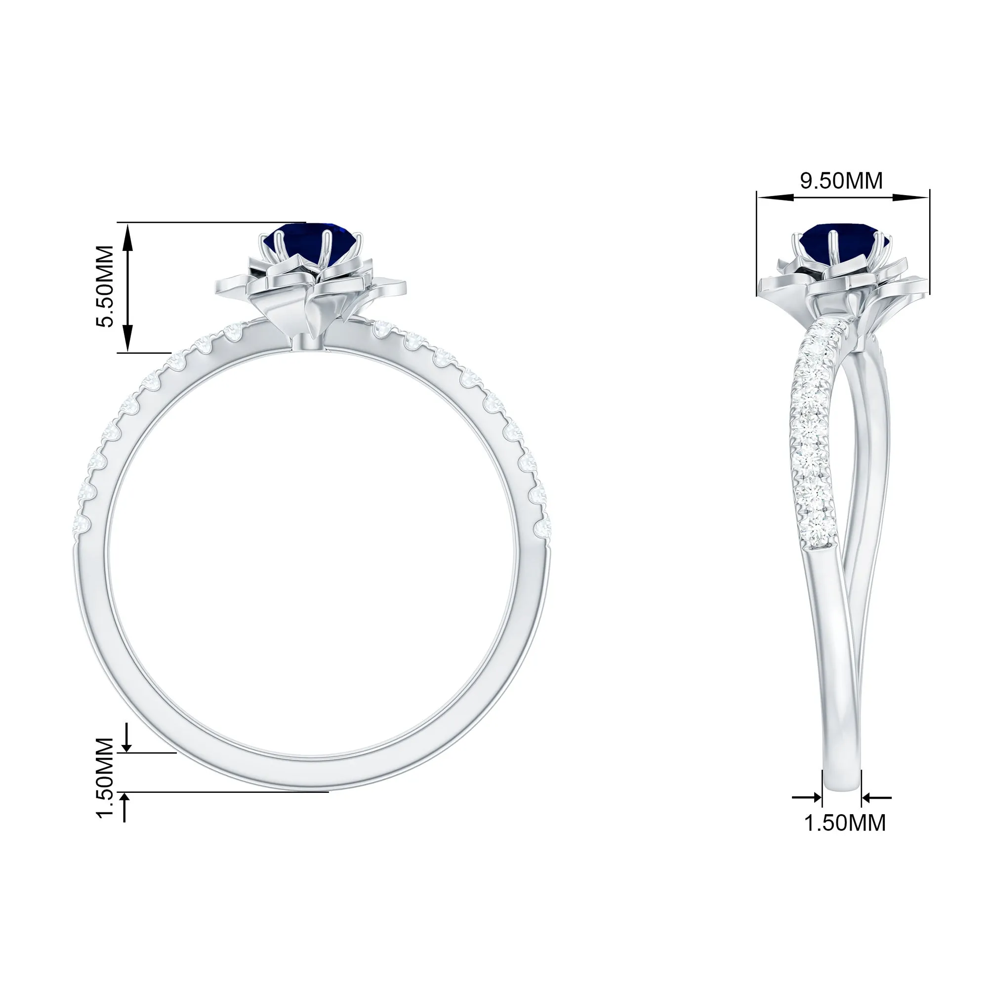 Blue Sapphire Flower Engagement Ring with Diamond