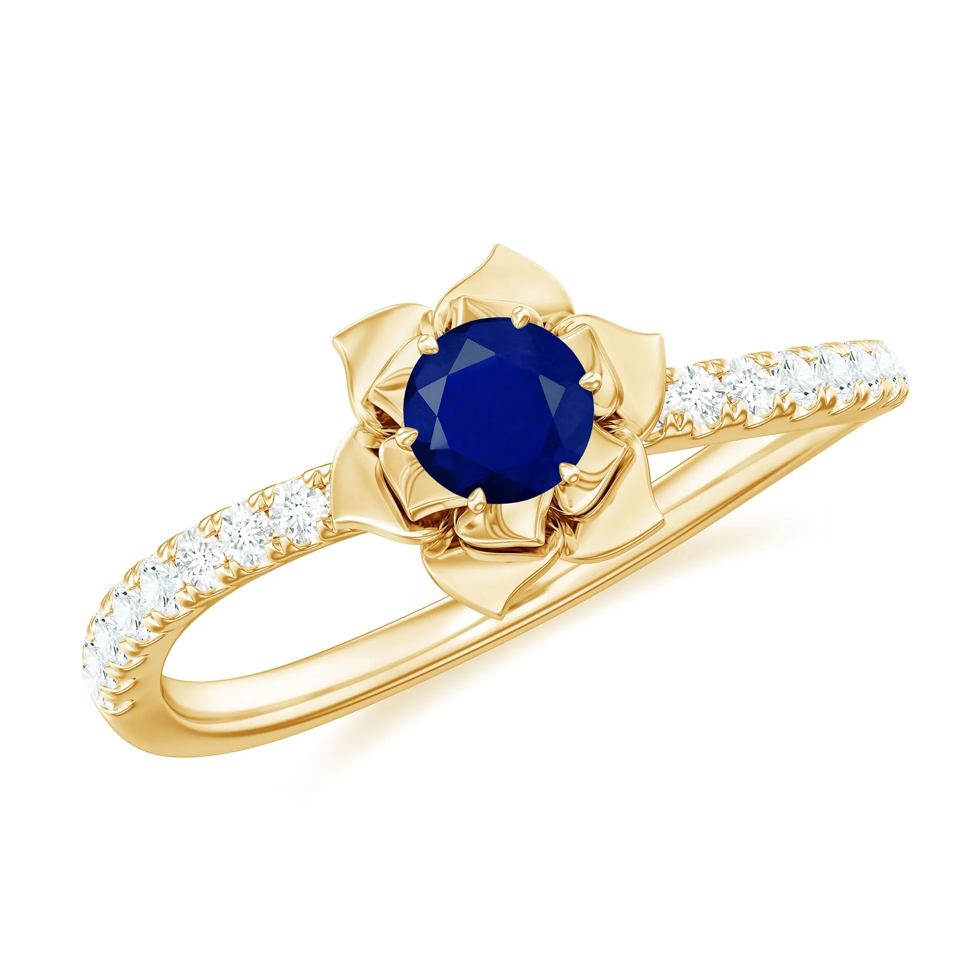 Blue Sapphire Flower Engagement Ring with Diamond