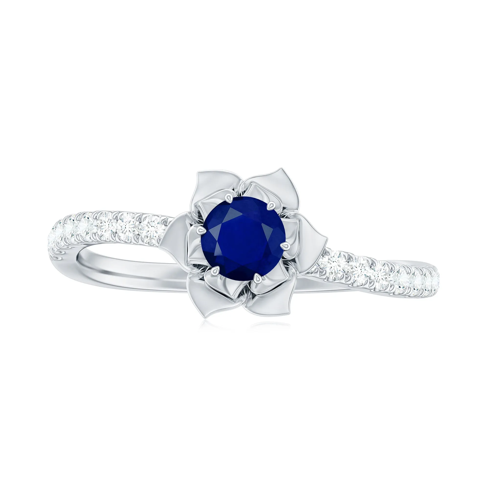Blue Sapphire Flower Engagement Ring with Diamond