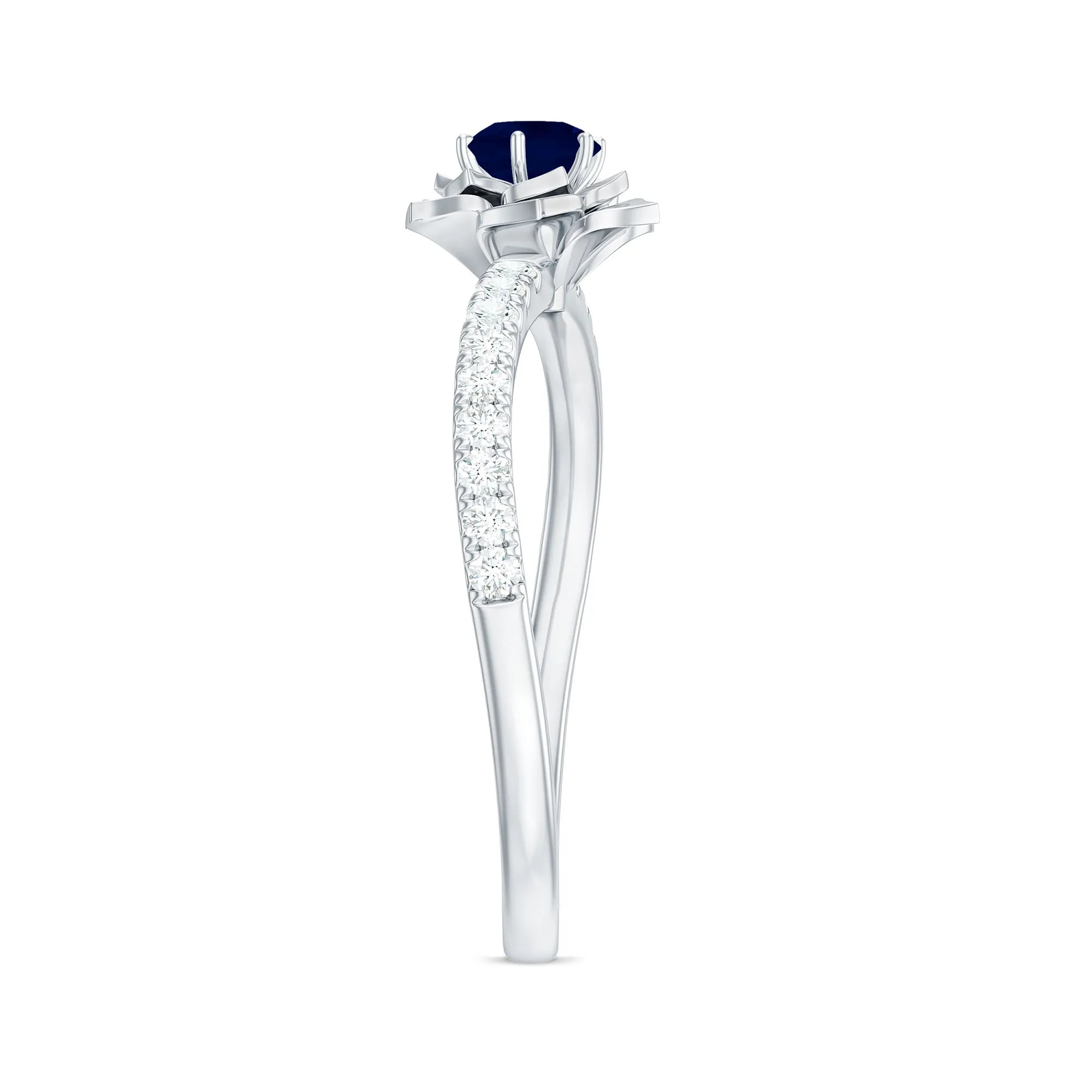 Blue Sapphire Flower Engagement Ring with Diamond