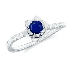 Blue Sapphire Flower Engagement Ring with Diamond