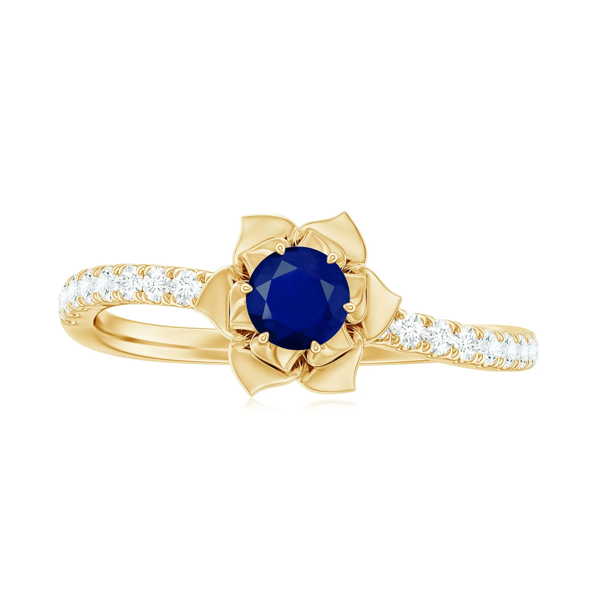 Blue Sapphire Flower Engagement Ring with Diamond
