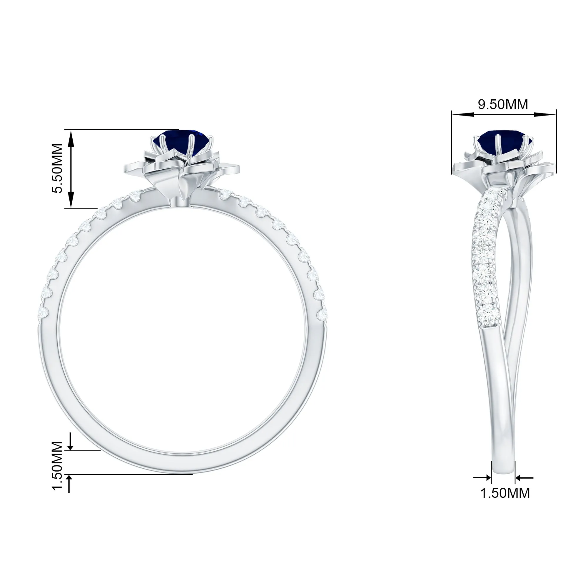 Blue Sapphire Flower Engagement Ring with Diamond
