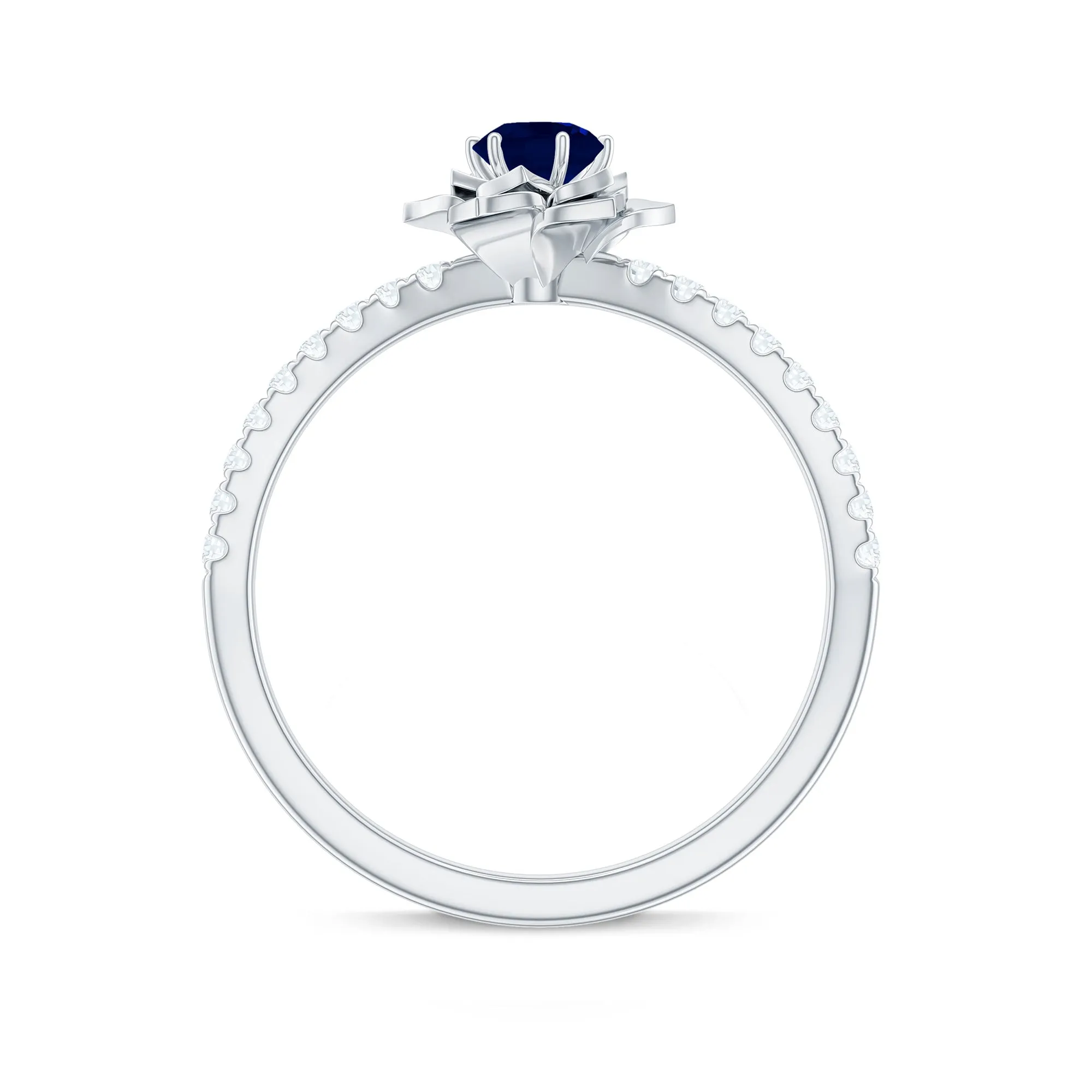 Blue Sapphire Flower Engagement Ring with Diamond
