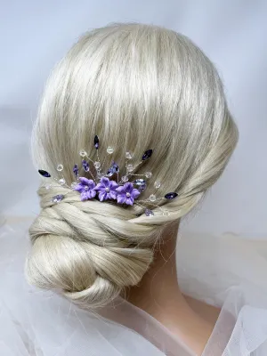 Bridal Hair Comb - Bridesmaids - Purple Lilac Pansy Flower - Gift - Bride