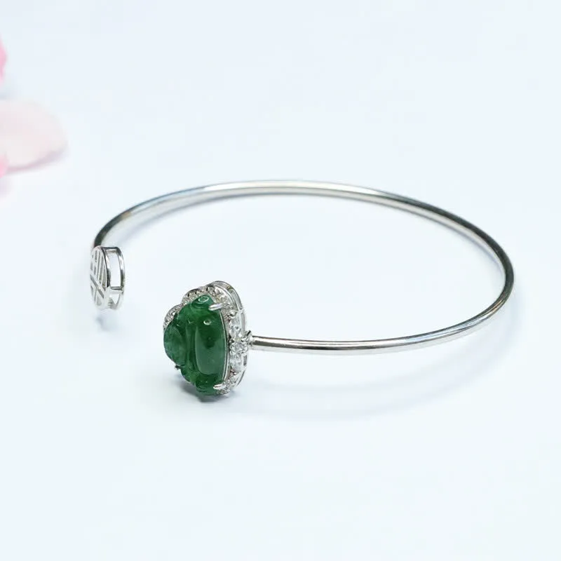 Buddha Stones 925 Sterling Silver Laughing Buddha Jade Luck Bracelet Bangle