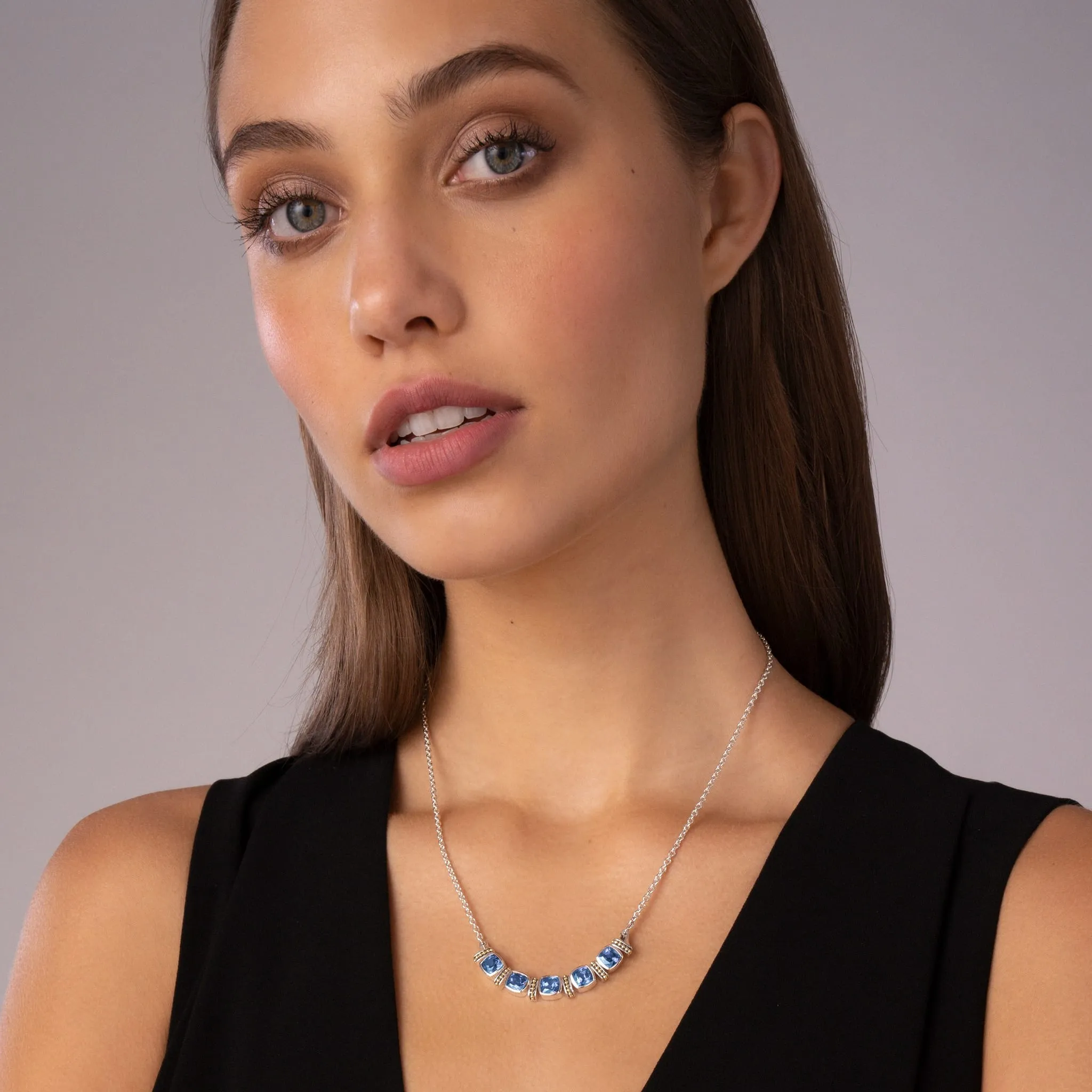 Caviar Color Five Station Swiss Blue Topaz Necklace