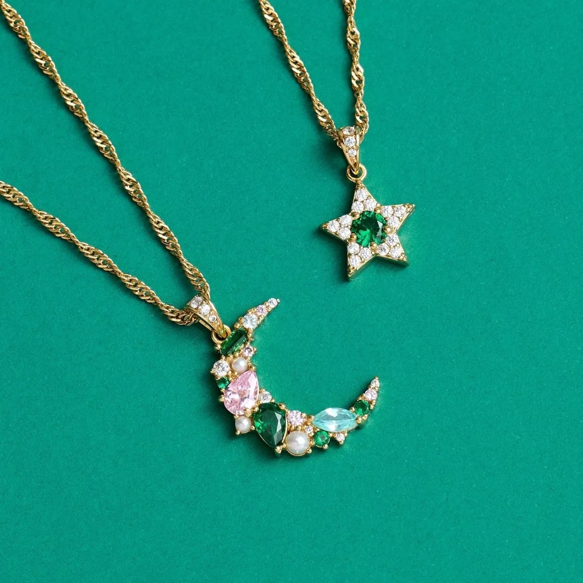 Celeste Cluster Moon Necklace Emerald Green, Blush Pink, Aqua CZ and Gold