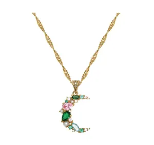 Celeste Cluster Moon Necklace Emerald Green, Blush Pink, Aqua CZ and Gold