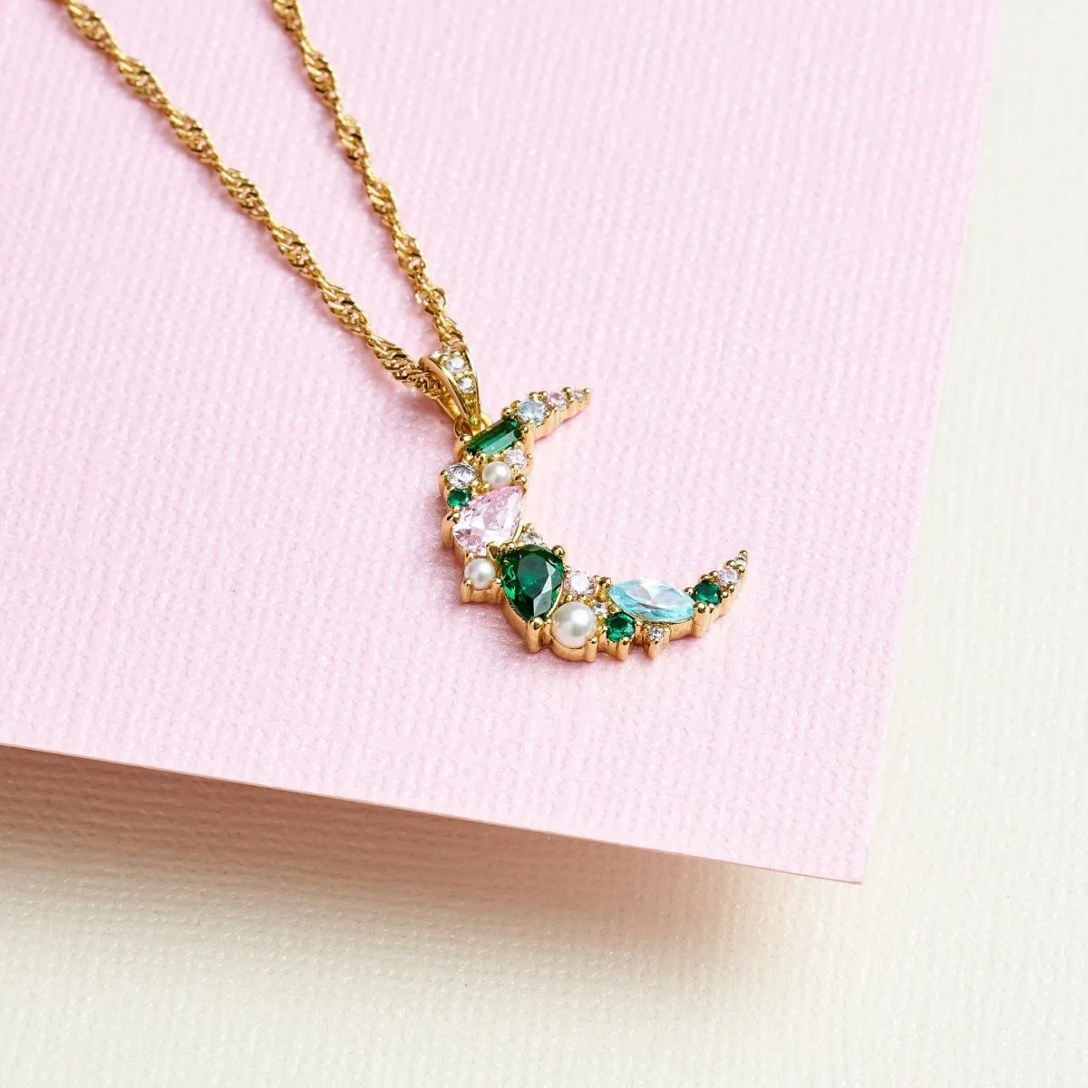 Celeste Cluster Moon Necklace Emerald Green, Blush Pink, Aqua CZ and Gold